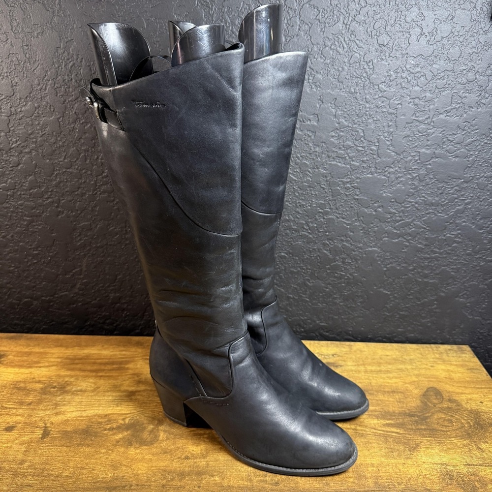 Tamaris Black Leather Knee High Boots Size 38 Block Heel Side Zip Buckle Detail‎